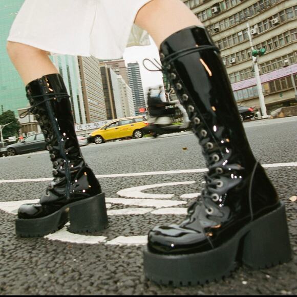 UNIF Trinity Boots Patent Leather Platform Zip Lace-Up Knee High Chunky Heel - Picture 1 of 15